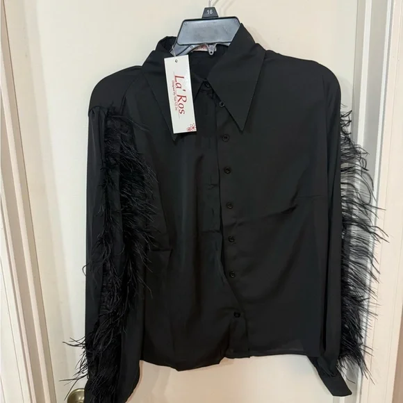 Black Feather Trim Button-Up Shirt - Picture 3 of 6